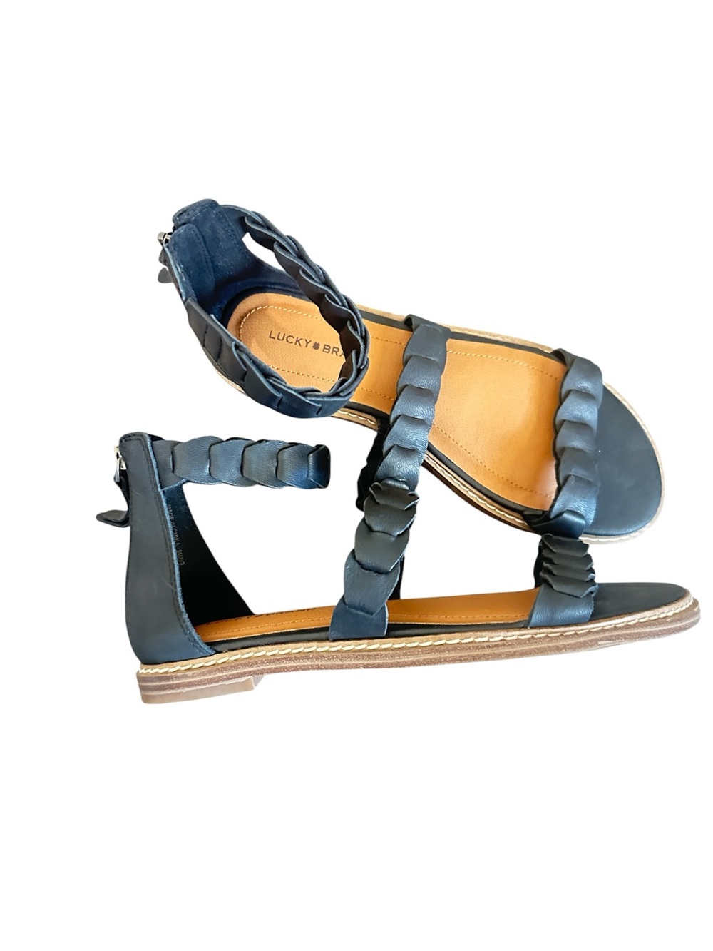 Lucky Brand Black Braided-Strap Flat Sandals Women's Black Kandiss 
Size8M